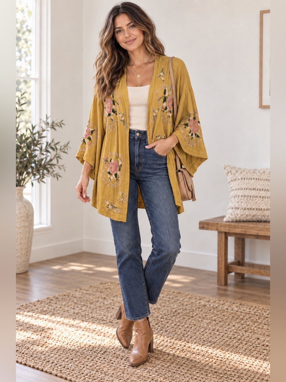 Free People Mustard Embroidered Kimono Jacket